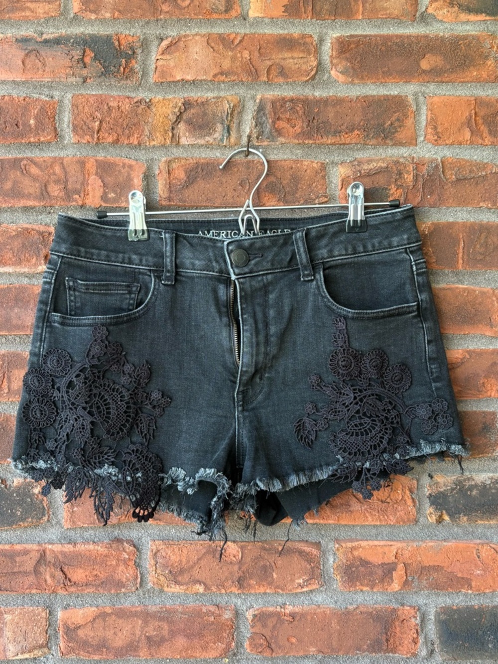 American Eagle Outfitters Black Denim Shorts with Lace Appliqué